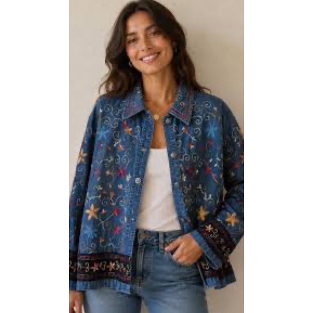 VTG Retro Kashmiri style Embroidered denim jacket with starfish/floral Boho Sm